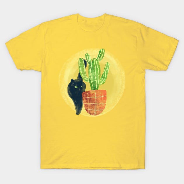 Black cat behind A cactus T-Shirt by Mimie20